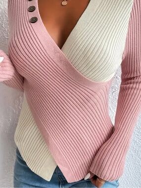 NoraCora Ribbed Wrap V-Neck Sweater in Pink and Cream with Button Trim